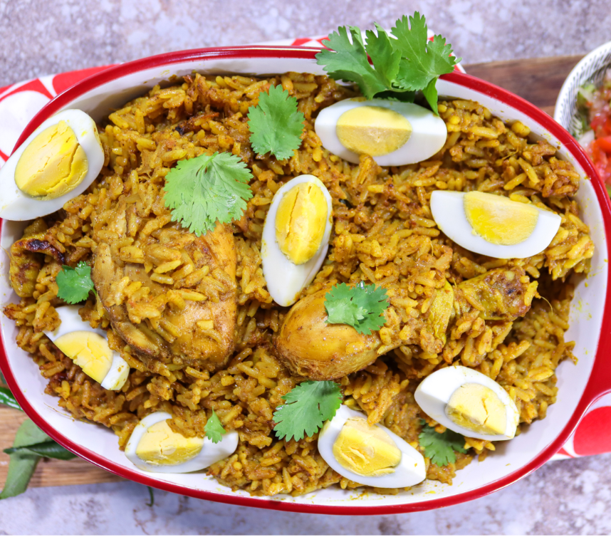 Layered Chicken biryani with boiled eggs